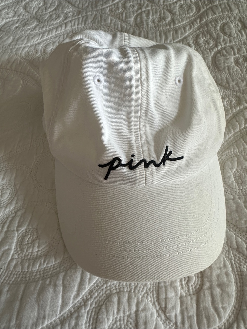 PINK Victoria's Secret White Baseball Cap with Black Script Logo